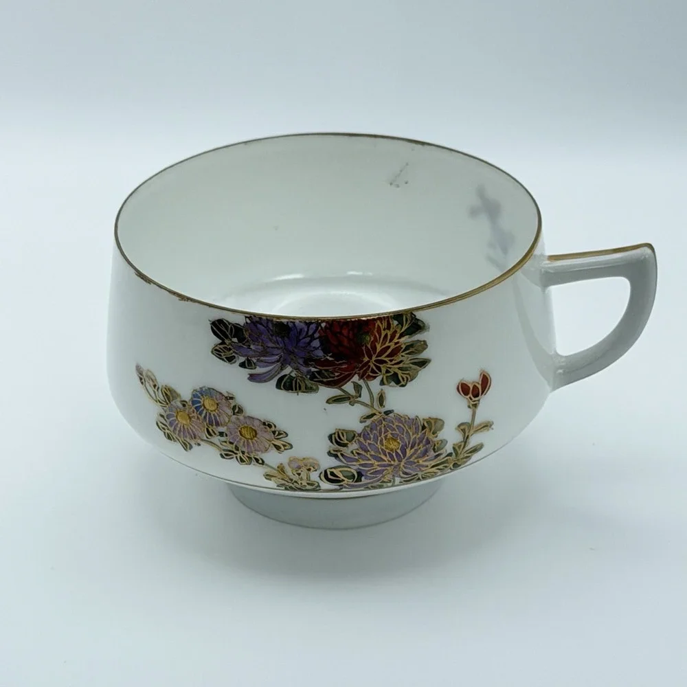 Vintage Kutani Style Kyoto Japan Tea Set 4 Cups Snack Trays Eggshell Gold Floral